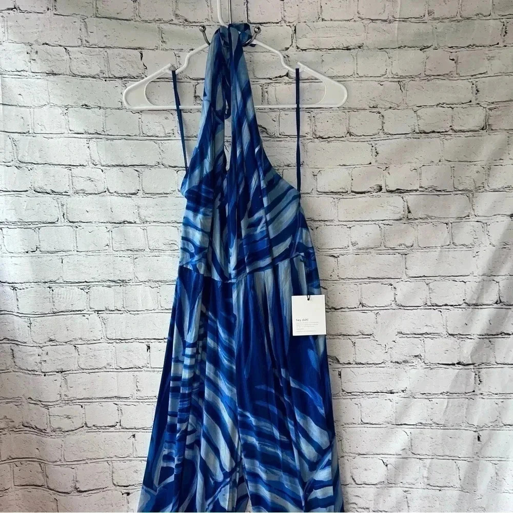 Bella Dahl Blue Palm Open Back Halter Jumpsuit Size Medium Brand New - Picture 3 of 13